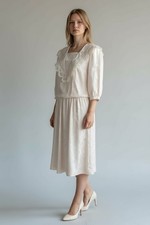 VTG 80s Ivory Dress Edwardian Victorian Sailor Collar Twee Kawai Medium FLAW