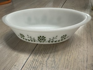 Glasbake USA Oval Dish Casserole, Antique Green And White