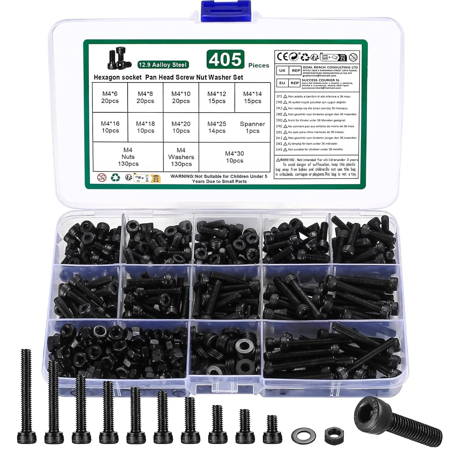 High-Strength Black M4 Hex Socket Head Cap Screws Bolts Nuts and Washers Kit M4-405