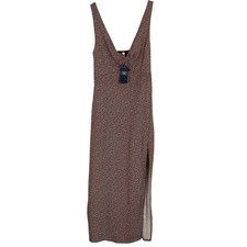 NWT Abercrombie Fitch Sz XS Brown Midi Dress Smocked Sleeveless Party Vneck Slit
