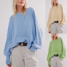 Womens Casual Cable Knit Long Sleeve Crew Neck Knitted Jumper Baggy Sweater Top