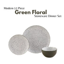 Modern 12 Piece Green Floral Porcelain Dinner Set Kitchenware Household Table UK