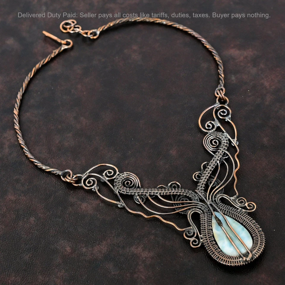 Oferta de Navidad Pera Larimar Piedras Preciosas Alambre Envuelto Flor Cadena Collar Cobre Foto 4 de 4