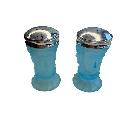 LG Wright Blue Three Faces Glass Salt & Pepper Shakers w/ Silver Plated Lids