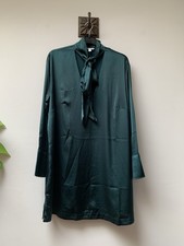 H&M Dark Green Satin Dress XL Fits 20 22 Tie Pussy Bow Neck Xmas