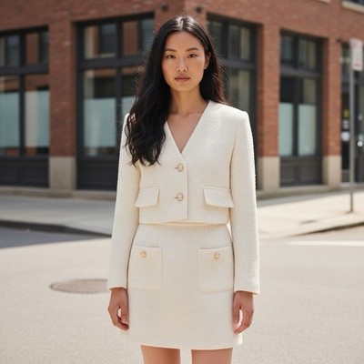 Elegant Cropped Tweed Jacket & Skirt Size M