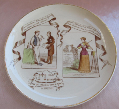 Assiette parlante polychrome faïence Creil Montereau Horoscope Septembre Balance