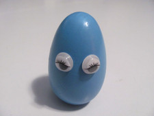 HAND DECORATED BLUE WOODEN EGG WITH FUNNY GOOGLE EYES