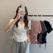 Women's Fashion Trend V-neck Drawstring Short-sleeved T-shirt Solid Color Top