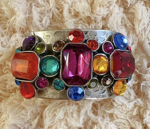 Chico’s Cuff Bracelet Large Gem RHINESTONES Silver Tone Chunky