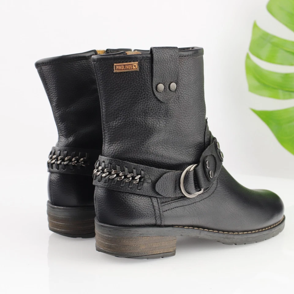 Bota Pikolinos Monza para mujer talla 37 6,5 botín de motociclista con cadena de cuero negro Foto 4 de 4