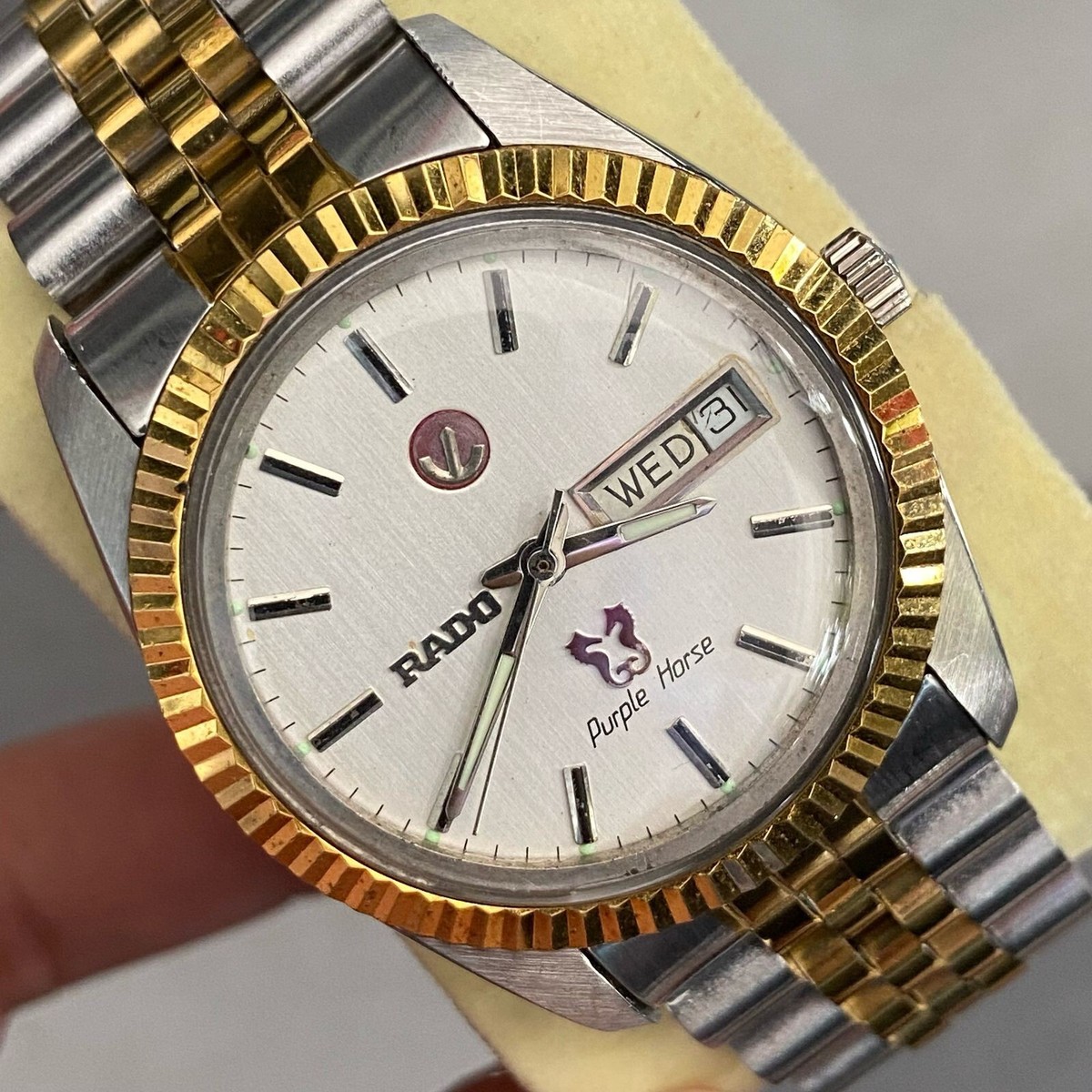 Rare Rado Purple Horse Automatic Fluted Bezel Day Date TwoTone Vintage Men  Watch