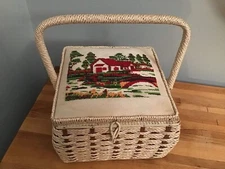 Vintage Sewing Box Wicker(Polyratten)Embroidered Top With Sewing Notions