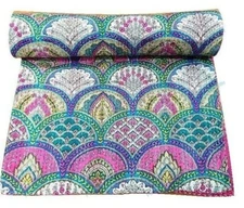 Art Kantha Double Quilt Floral & Garden Reversible Blanket Cotton Bohemian Throw