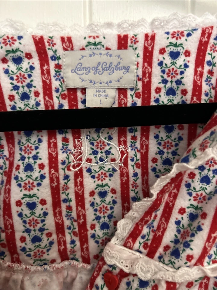 Camisón Lanz of Salzburg Azul Blanco Rojo Algodón Franela Floral Corazón Encaje L Foto 2 de 4