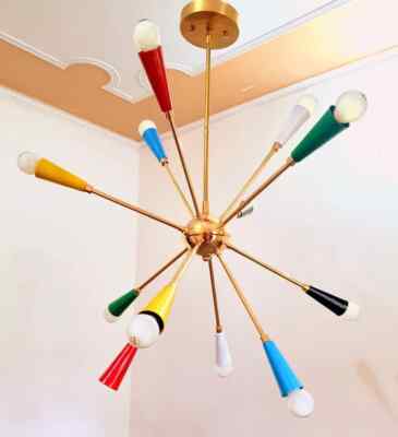 Lustre Spoutnik Style Stilnovo – 6 Lumières, Laiton Brut, Design Italien Orange, Neuf