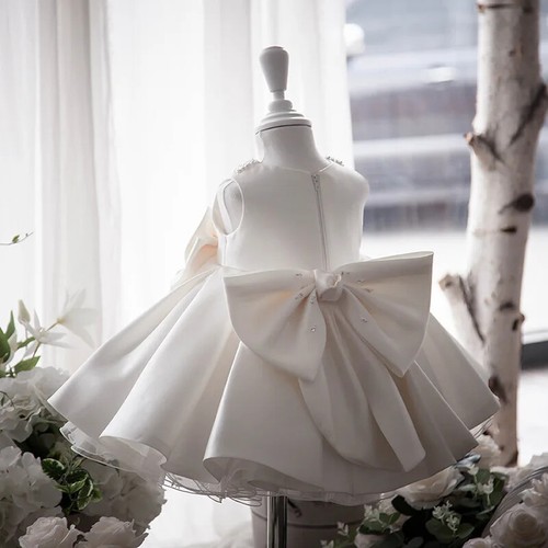 Toddler White Satin Princess Baby Girl Dress Birthday Party Newborn Dress - Picture 4 of 26