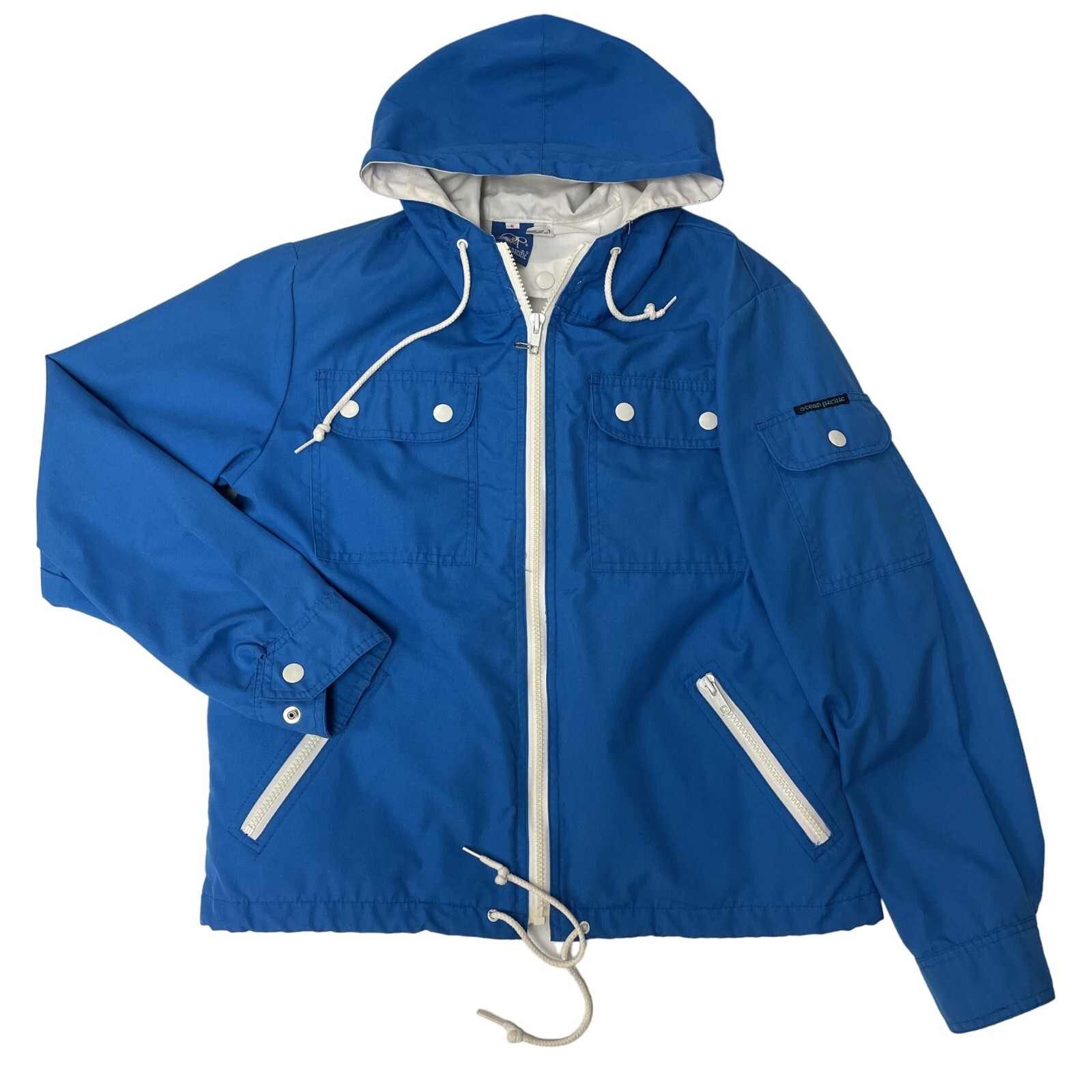 Vtg 80's OP Ocean Pacific Blue 4 Pocket Coat HOODIE Lined SURFER Jacket XS / S
