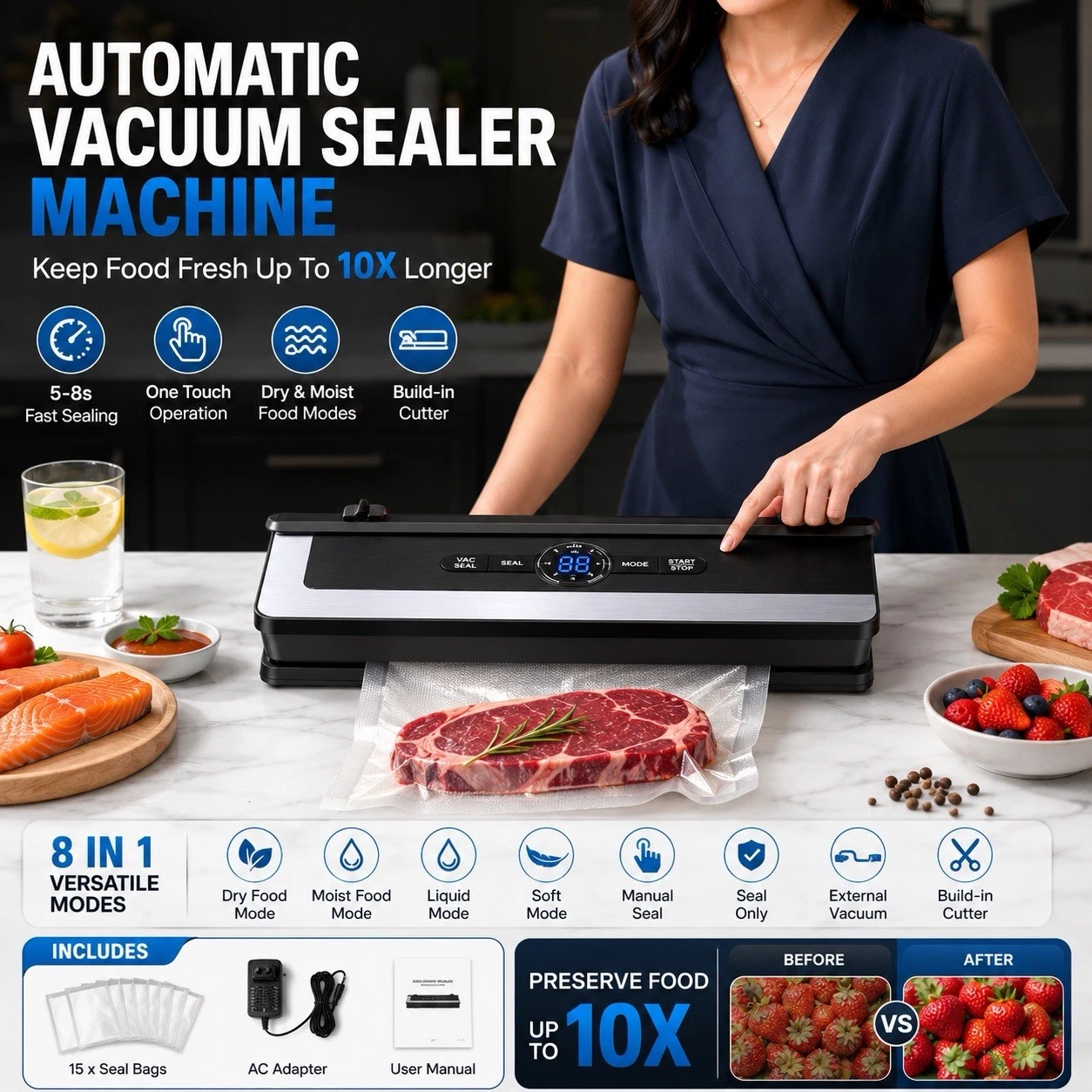 8-in-1 Food Vacuum Sealer Machine Automatic Food Saver w/ Built-In Cutter 15 Bag
Opens in a new wind