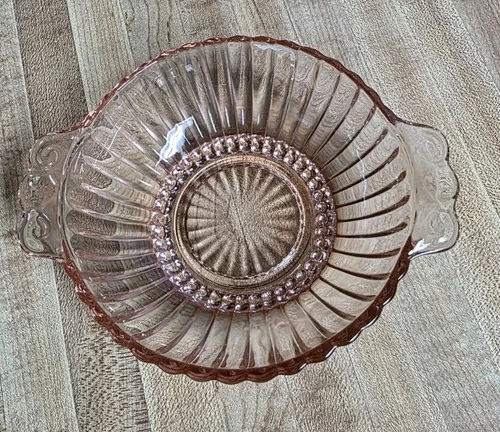 Vintage Anchor Hocking Queen Mary Pink Depression Glass Ribbed Bowl with Handles
