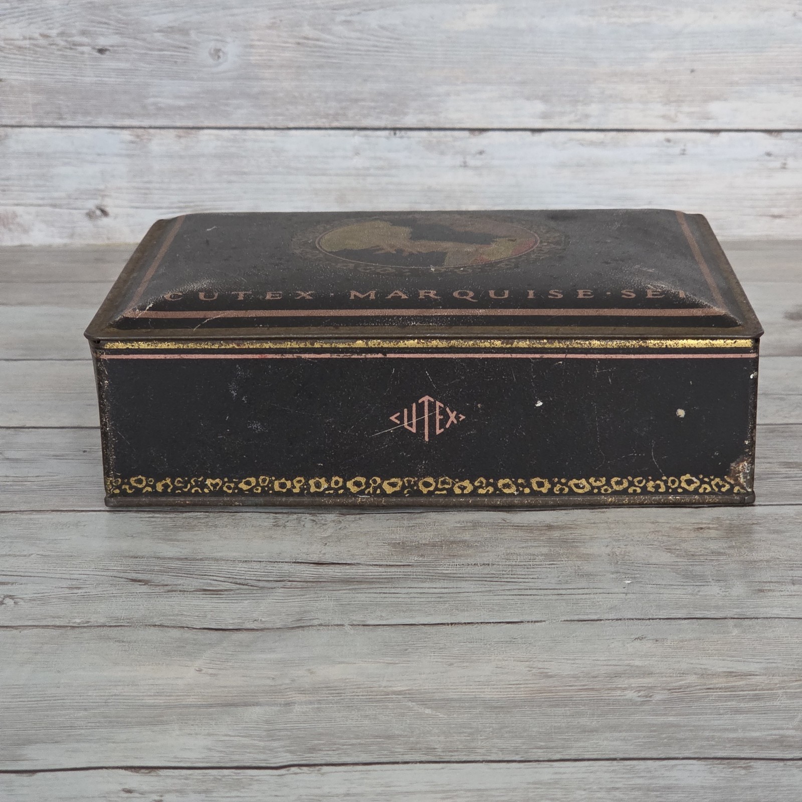 Vintage Cutex Tin Art Deco Litho Box With Pink Insert Marquise Set 