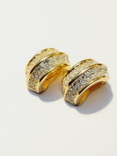 Vintage Christian Dior Gold Tone Clip On Hoop Earrings Clear Crystal Rhinestone