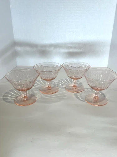 Pink Depression 1930's  Needle Etched Glass Champagne Sherbet Dessert Glasses 4