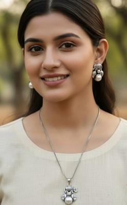Oxidised Silver Elephant Pendant Necklace Set with Stud Earrings | Boho Ethnic 