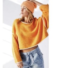 Free People Bardot Cropped Orange Textured Knit Boat Neck Long Sleeve Sweater XS