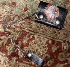 Genuine Leather Men's Black Biker Chain Wallet, Snap Closure, Card Slots