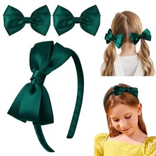 Satin Dark Green Bow Headband 2 Pcs 4 Inch Hair Bows Set Uniform Hair Access...