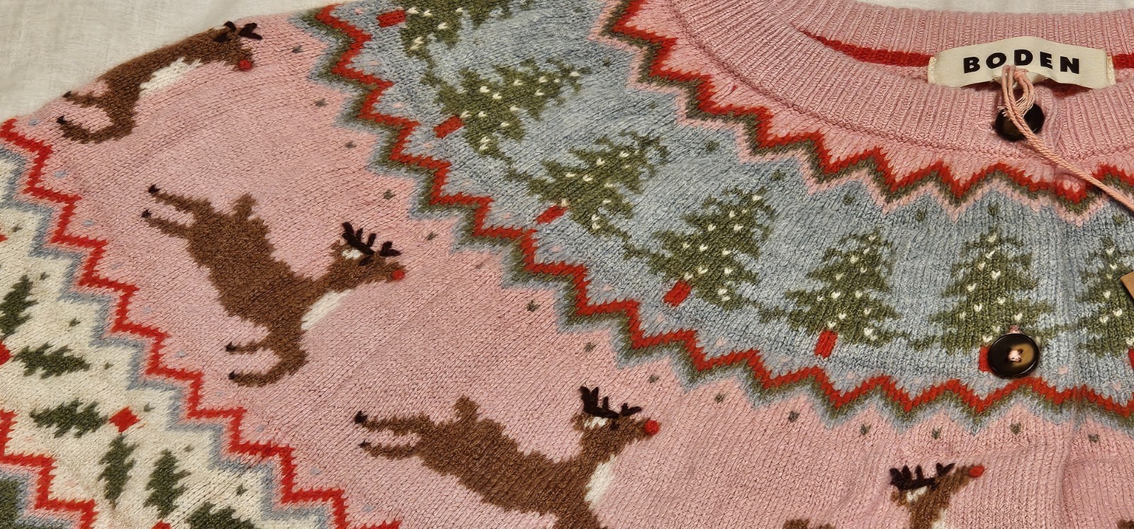 Boden Fair Isle Edie Cardigan Pink Reindeer NWT New L image 4