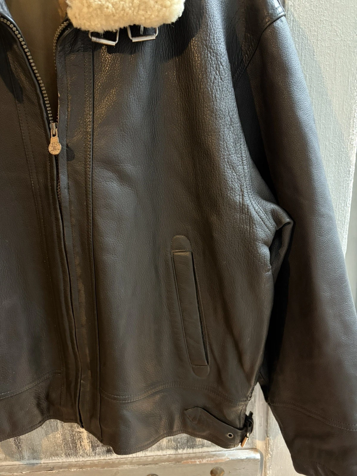 Vintage Perry Ellis Aviator Leather Jacket Mens Large sheepskin Collar image 5