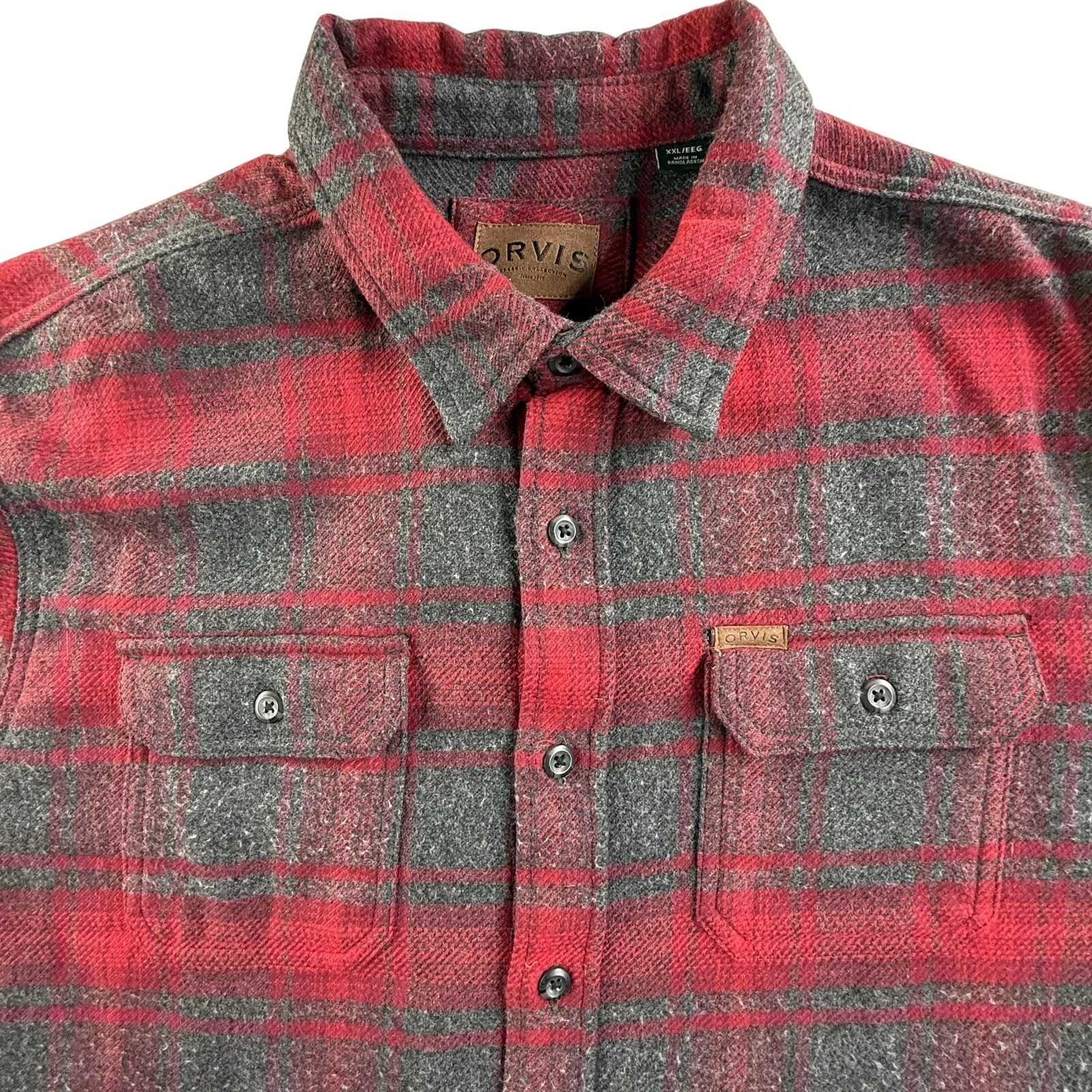 Orvis Shirt Mens 2XL Red Plaid Flannel Button Up Long Sleeve Pockets Shacket
