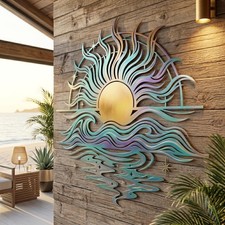 Coastal Metal Wall Art, Sun and Ocean Waves Decoration, Outdoor Wall Hanging