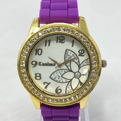 Kanima Womens Watch Floral 43mm Gold Tone Crystals Bling Purple New Battery 9''