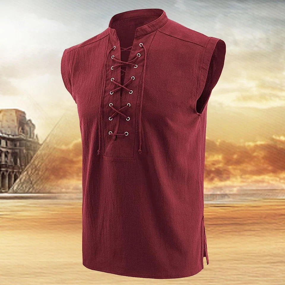 Men's Cotton Linen Tank Top Shirt Pirate Renaissance Costume Sleeveless Lace ... - Image 2 of 4