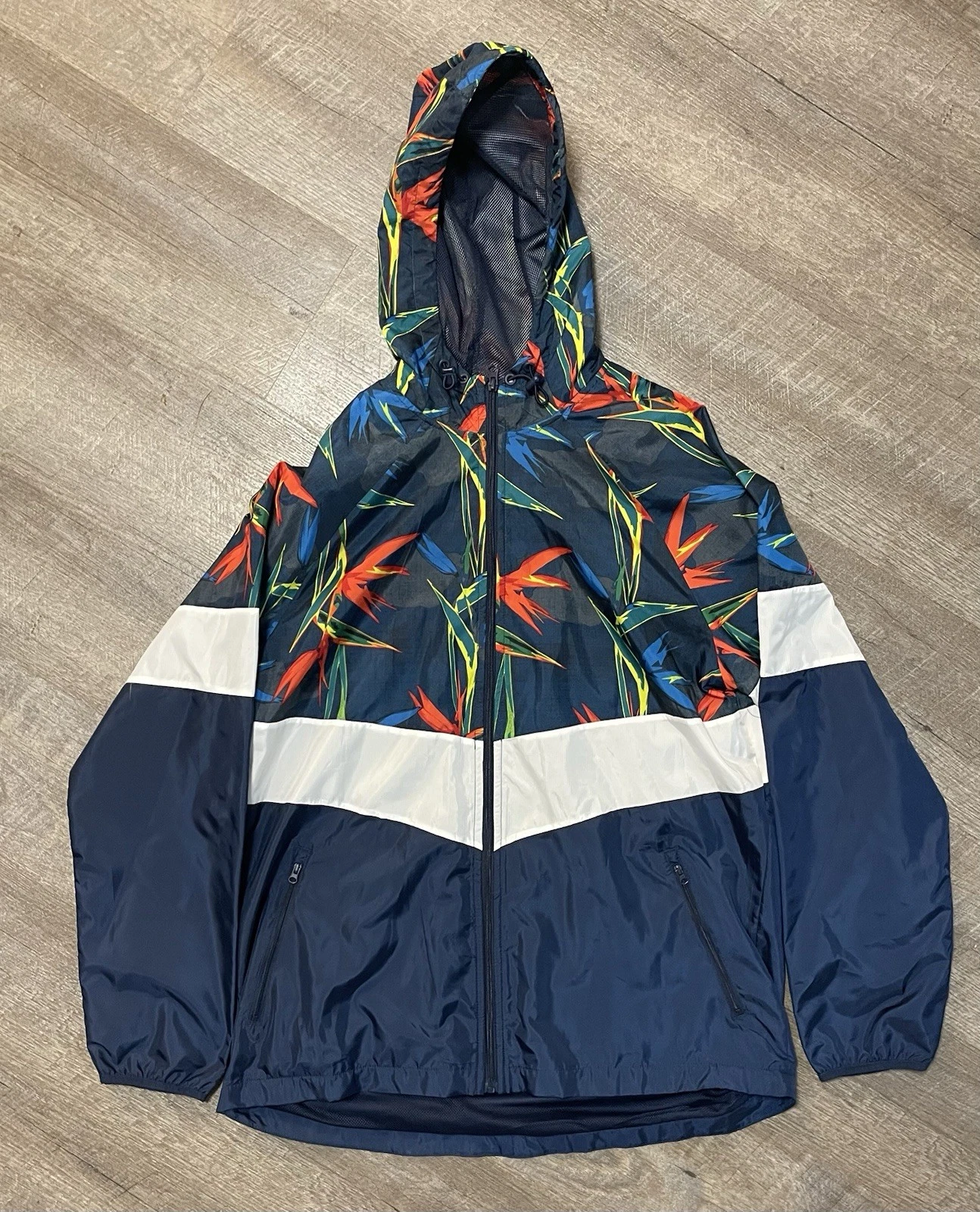 Russell Jacket L Retro Tropical Colorblock Windbreaker Full Zip Hooded Rain Coat