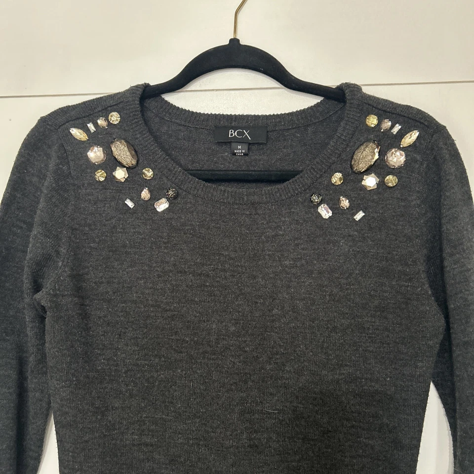 BCX MUJER SUÉTER VESTIDO GRIS OSCURO M TEJIDO JOYAS CUELLO REDONDO FUNDA INFORMAL Foto 2 de 4