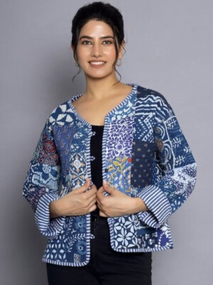 Indian Blue Patchwork Quilted Cotton Jacket Handmade Jacket Women's  Clothing US