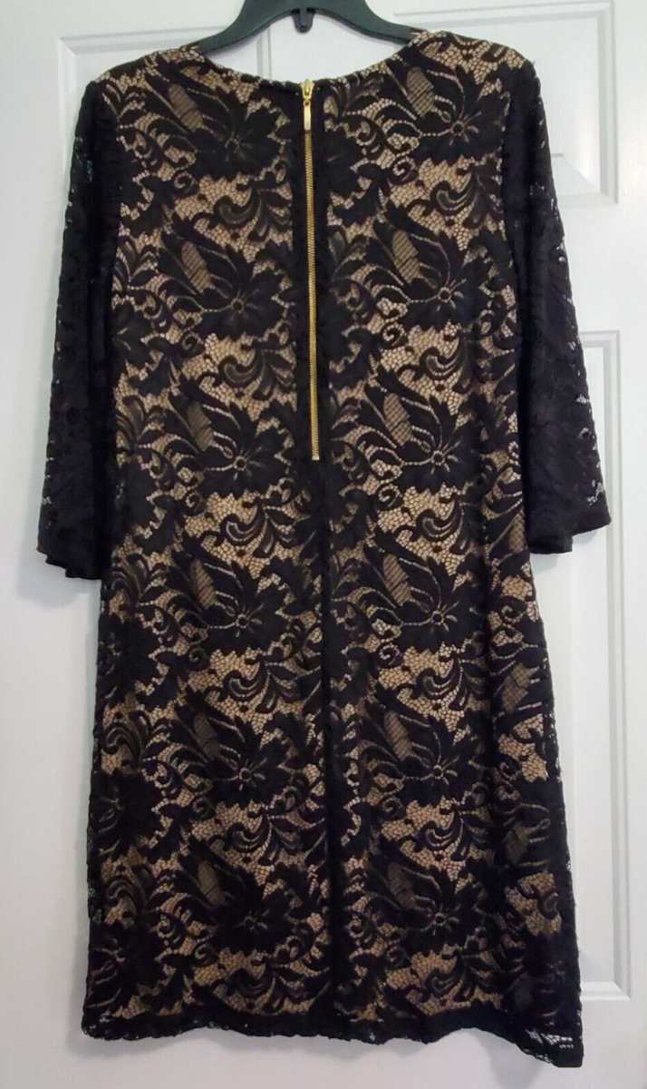 Liz Claiborne Dress Women's 8 Black Lace with Tan Lining Knee Length 3/4  Sleeves