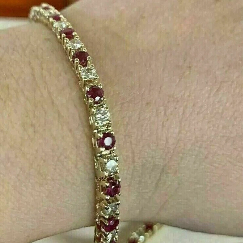 9Ct Round Cut Red Ruby & Diamond Women's Tennis Bracelet 14K Yellow Gold Over 7" - Image 2 of 4