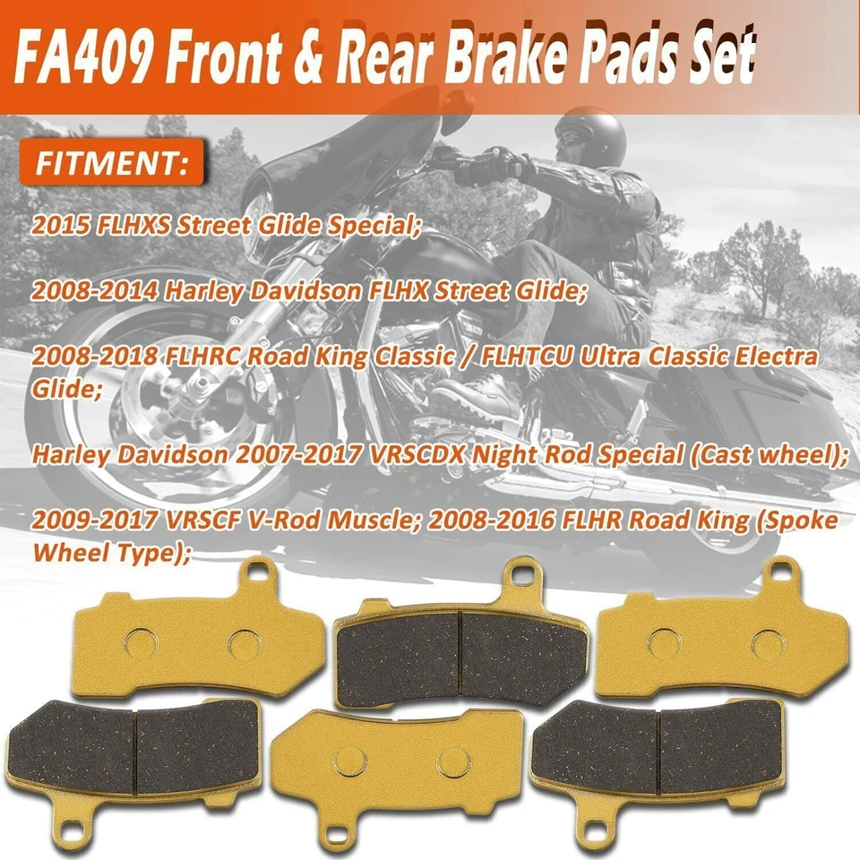 FA409 Front & Rear Brake Pads for 2008-2018 Harley Davidson FLHX Street Glide Foto 2 de 4