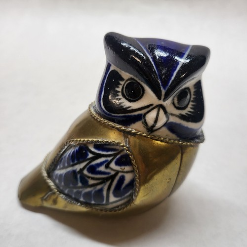 Vintage Brass And Pottery Owl Figurine Collectable Folk Art