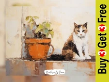 Charming Cat and Plant Impasto, Oil Painting Print 5"x7" on Matte Paper