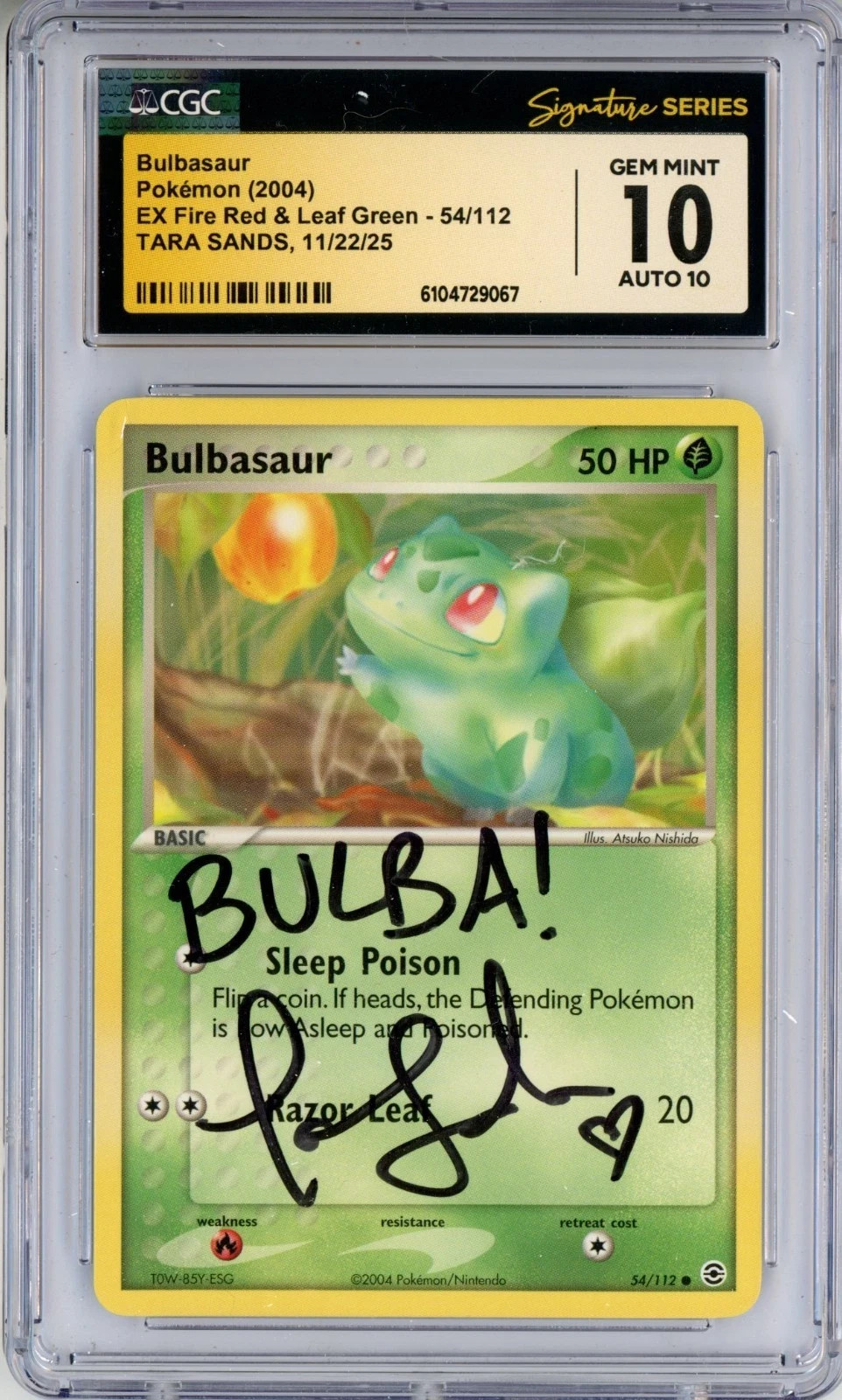 CGC GEM MINT 10 Auto 10 Tara Sands Bulbasaur 54/112 FireRed & LeafGreen Regular