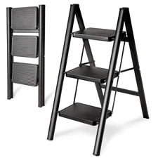 Double Elite 3 Step Ladder Folding Steel Stool Anti-Slip Home Closet Kitchen ...