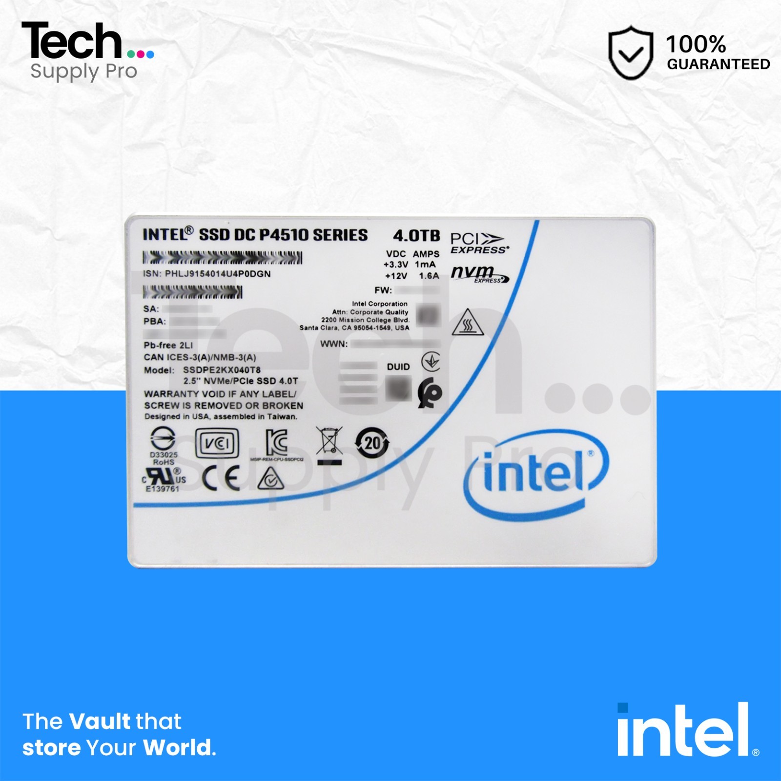 SSDPE2KX040T8 Intel DC P4510 4TB PCIe NVMe TLC 2.5