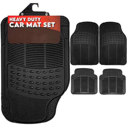 4PCS HEAVY DUTY UNIVERSAL BLACK RUBBER CAR MAT SET NON SLIP VAN MATS