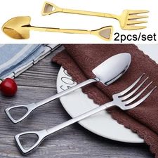 2 Pcs Small Shovel Stirring Spoon Fork Tableware Coffee/Dessert Spoon Stainless